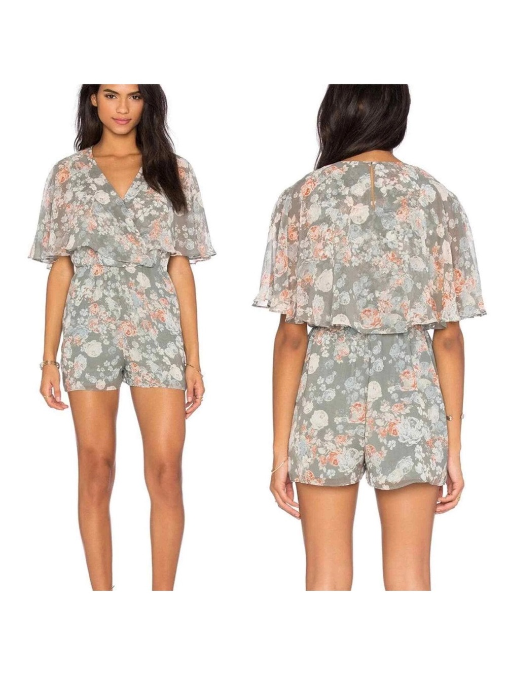Bcbg floral sage green spring short romper Small